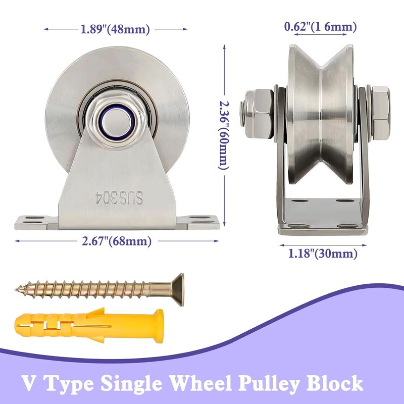 Spuspk V Type Groove Wheel Pulley Stainless Steel Pulley Block Super Silent Single,Pulley Block for DIY Gym Equipment,Sliding Gate Detachable Duplex Bearing with Mounting Screws and Expansion Pipes - Image 3